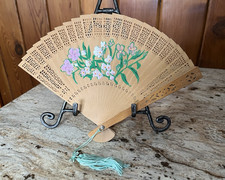 Hand Painted Wooden Fan Vintage 60 -70's Flowers