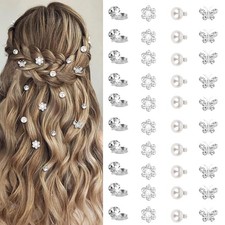 40 Pcs Mini Flower Hair Clips - Cute Rhinestone  Pearl Hair Pins - Decorative B