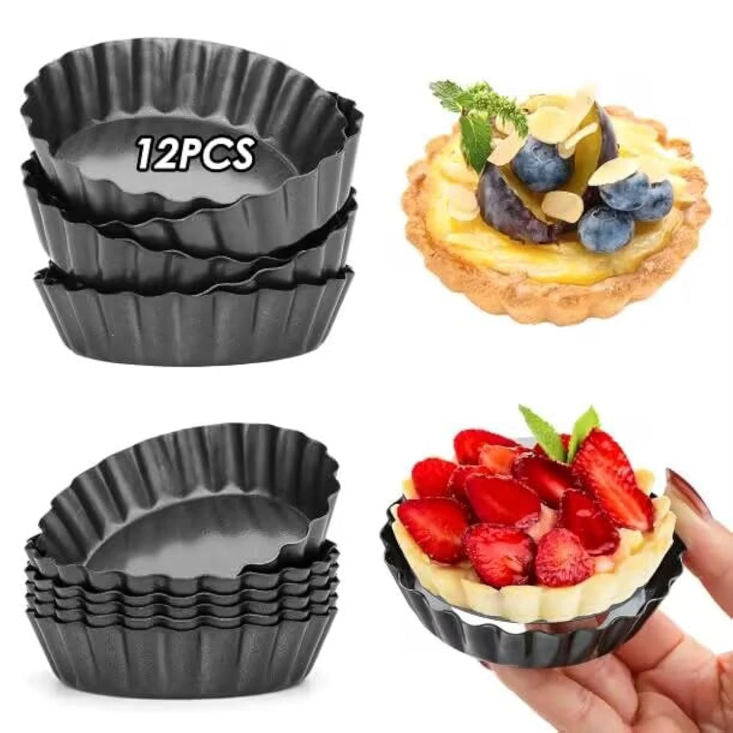 Swetwiny 12 Packs Egg Tart Mold, 3" Mini Pans Removable 3inch, Black