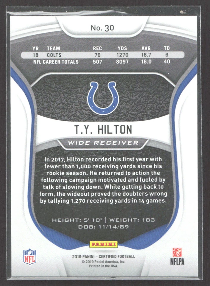 2019 Panini Certified T.Y. Hilton Mirror Orange Indianapolis Colts #157/199 - Image 2 of 2