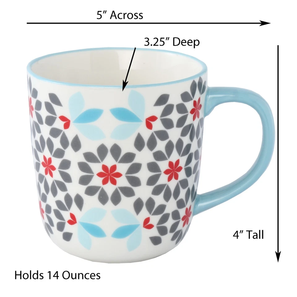 Juego de 4 tazas de café florales de 14 oz con mango azul, patrón de flores grises y rojas Foto 3 de 4