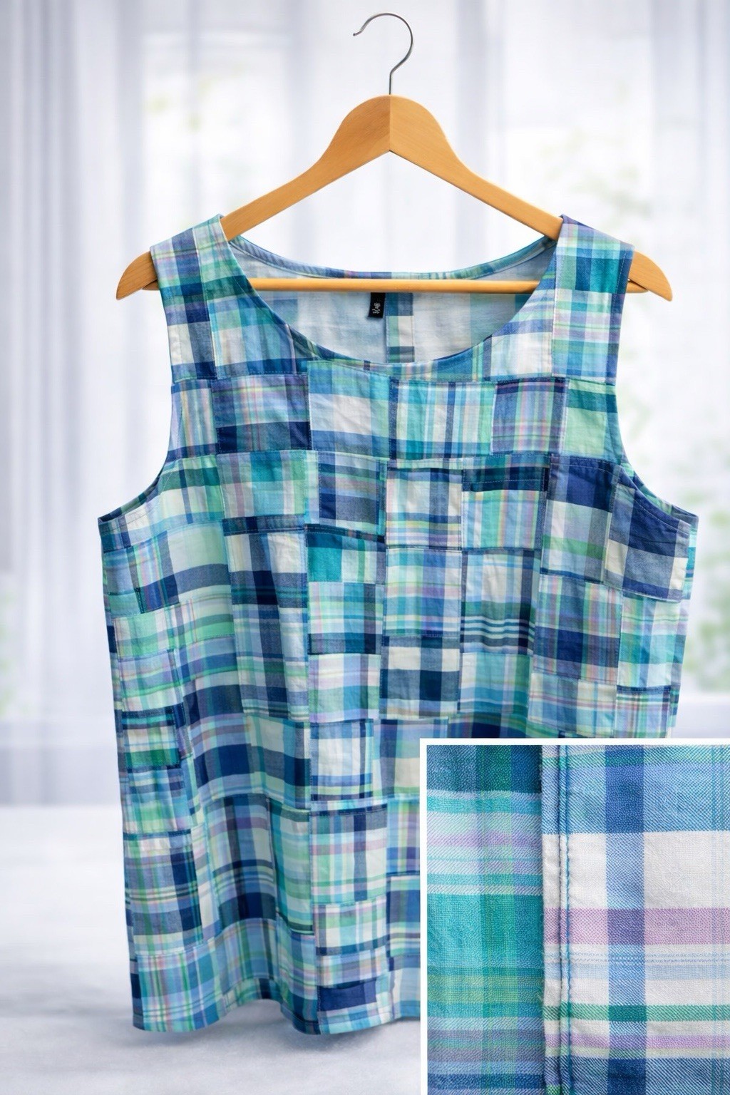 Talbots Madras Plaid Patchwork Back Button Sleeve… - image 1