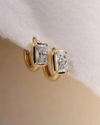 2.00TCW Radiant Cut Moissanite Huggies Hoop Earrings Solid 14k Yellow Gold