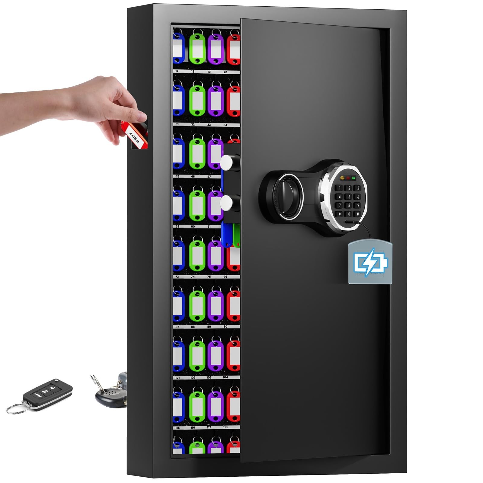 Oepmoc 206 Keys Key Lock Box Wall Mount with Code, Backlit Keypad, Key Tags