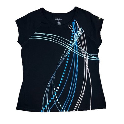 ideology Women's Top T-Shirt XL Black Blue Graphic Print Cap Sleeves Pull Over..