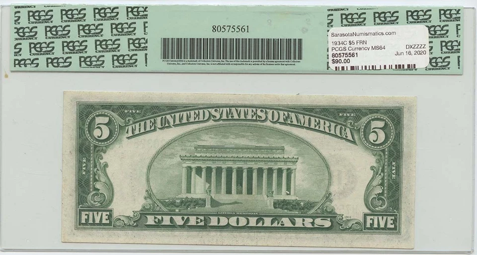 1934C $5 FRN Wide Face FR#1959-H PCGS 64 Very CH New PPQ - Image 2 of 2