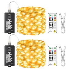 Rechargeable Fairy Lights with Remote, 2 Pack 33ft 100 LEDs - 2Pack Warm White
