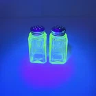 Uranium Green Depression Etched Glass Salt & Pepper Shakers / Original Lids