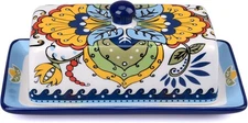Hand Drawn Ceramic Butter Dish with Lid, Farmhouse Butter Plate Tray with Cover