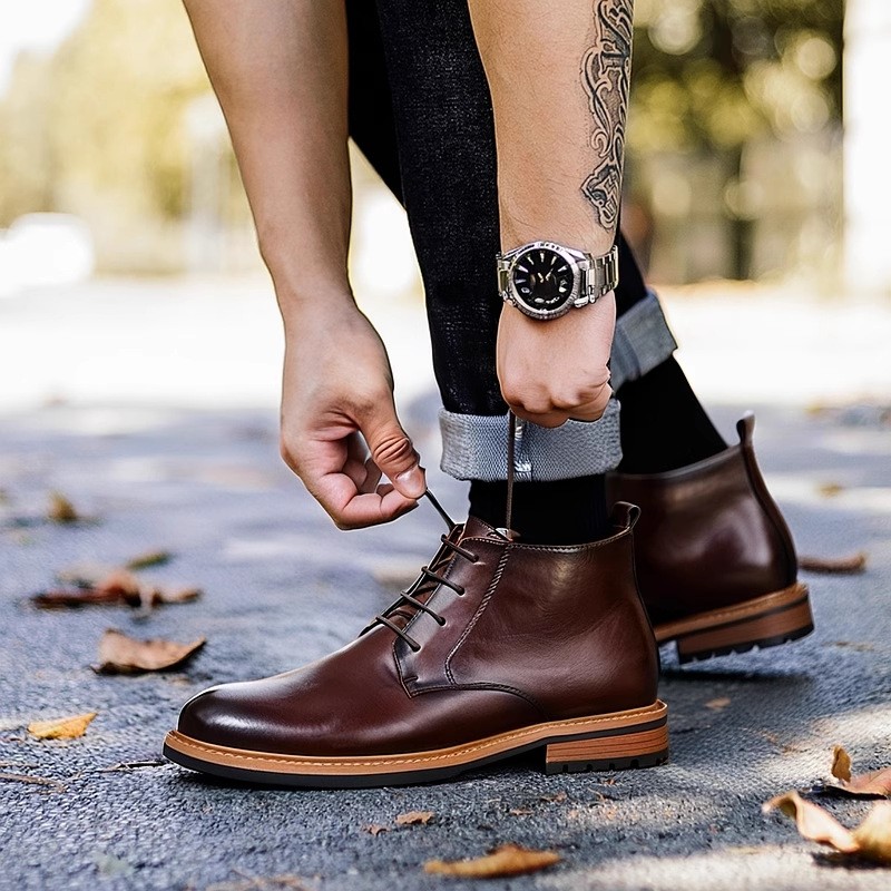 Mens Winter High Top Round Toe Short Boots Genuine Leather Retro
