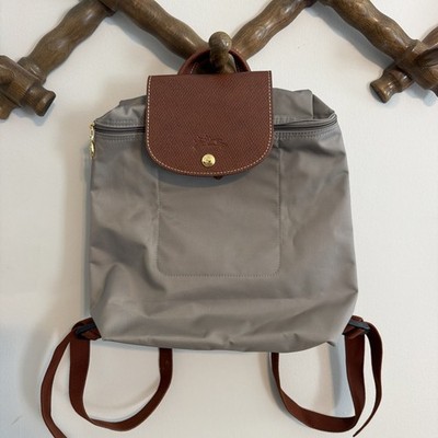 Longchamp Gray Backpack Brown Trim Gold Hardware Medium Zip Snap Women