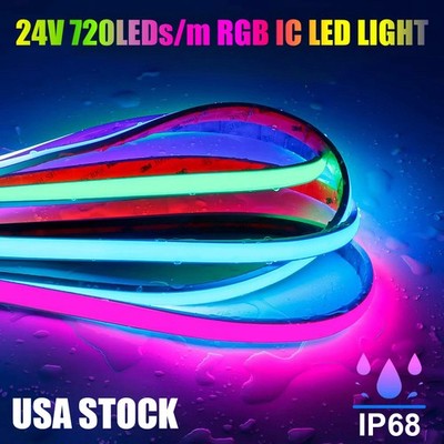 24V 16.4ft Addressable COB LED Strip Waterproof RGBIC Rainbow Color PCB LED Tape