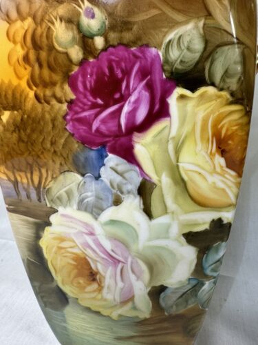 Pair of Nippon Leaf Mark Hand Painted 11.25 Inch VASE w/Large Roses in Landscape - Picture 3 of 15