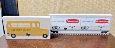 TWO Cat's Meow Hard Knox School Bus & Rubbermaid Train Car Wood Shelf Sitter '95