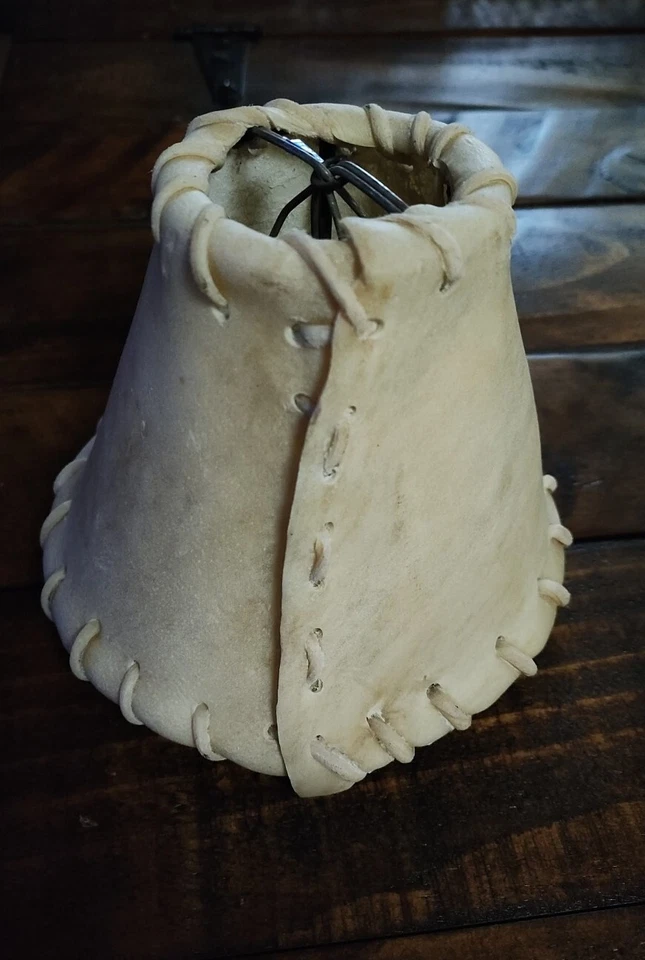Vintage Rustic Rawhide Leather Stitch Sconce Chandelier Lamp Clip Shades Mexico - Image 2 of 4