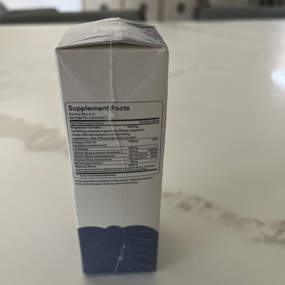 Magnesium + Omega3 + LTheanine Liquid Drops Blueberry Flavor 2 oz Exp