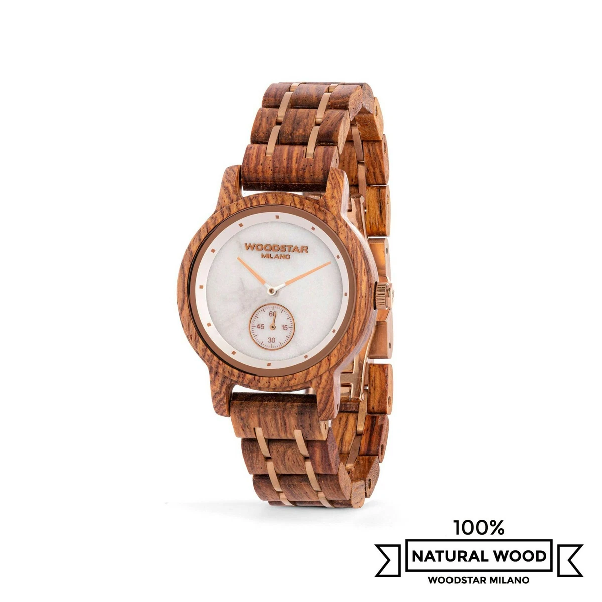 Holzwerk Germany Orologio da uomo realizzato a mano con cronografo in legno naturale, analogico, al quarzo, marrone, bianco, nero, pietra di marmo, data, quadrante in legno, marrone, Bracciale
