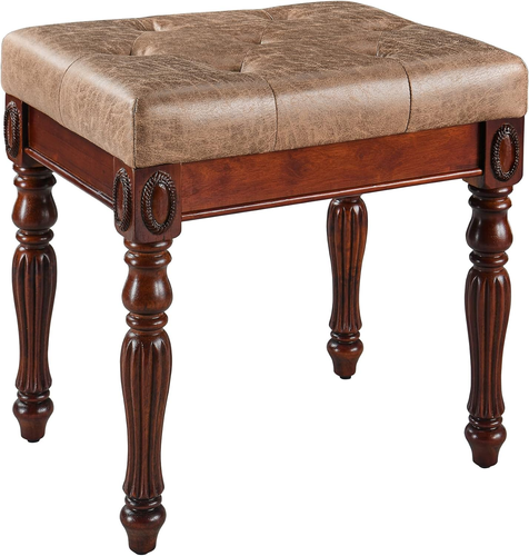 Vanity Stool Chair Upholstered Padded Cushion Vintage Seat Carved Wooden Legs - Picture 11 of 12