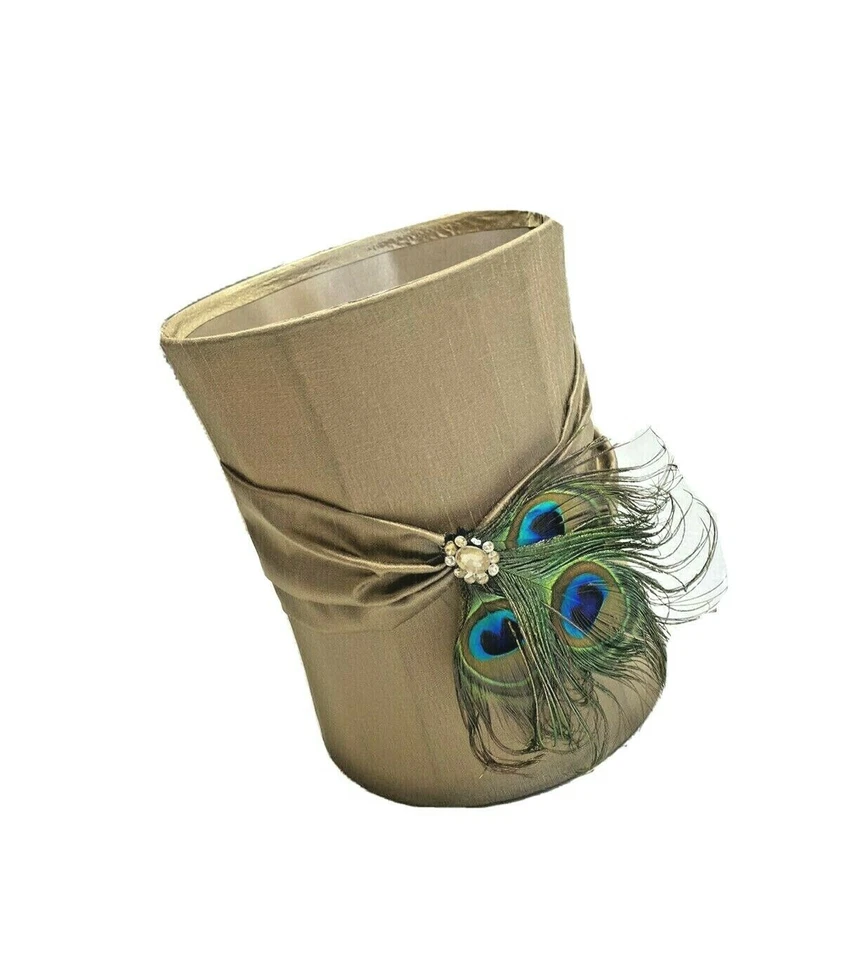 Gorgeous Luxury Satin Drum Lampshade Brown Feathers Peacock Large Designer Silk - Image 3 of 4