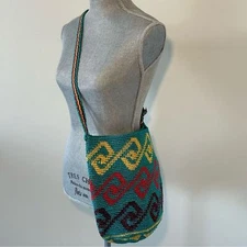 Colorful Crochet Boho Hippie Bucket Bag Geometric Patterned Handmade Guatemala