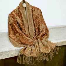 New Large Paisley Scarf Wrap Pashmina Brown Cream Fringe Fashion Accessories