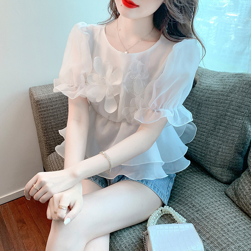 Summer Women Ruffle Edge Shirt Tops Sweet Short Sleeve 3D