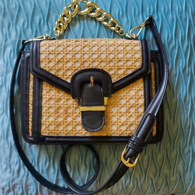ZARA chain handle RATTAN CROSSBODY BAG Black Vegan leather