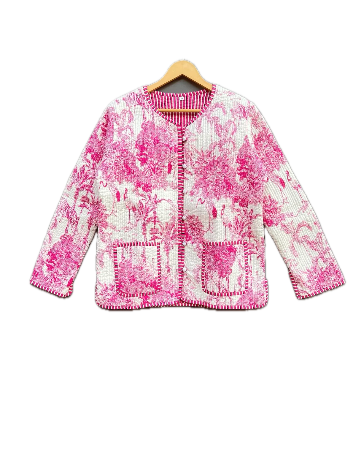 Indian Pink Floral Printed Cotton Quilted Unisex Jacket Women's Clothing Jacket