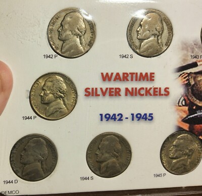 11 COIN SET OF WARTIME JEFFERSON SILVER NICKELS 1942-1945 DATE IN