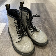 Dr Martens Combat Boots Girls 1 Silver Glitter Lace Up Shoes Chunky 8 Eye