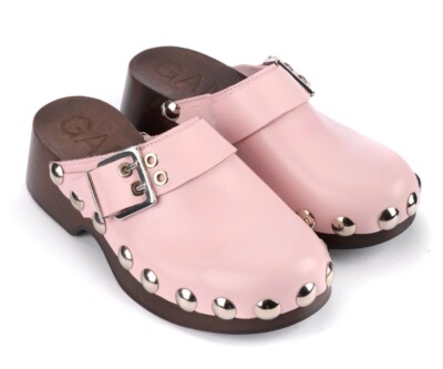 GANNI Clog Sandals Pink Leather with Studs Wood Sole 41 UK