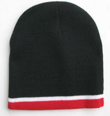 Men's Knitted Black with Red Stripe Beanie Hat Cap