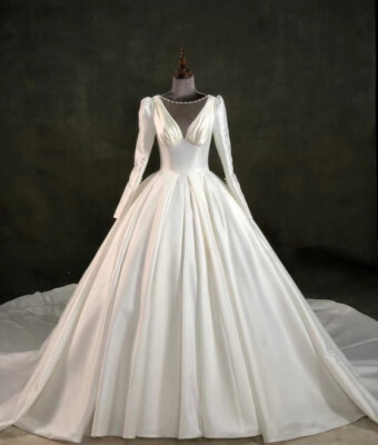 Long Sleeve Satin Wedding Dress Pearl Beaded Satin Ball Gown Wedding Dress | eBay Long Sleeve Satin Wedding Dress Pearl Beaded Satin Ball Gown Wedding Dress | eBay