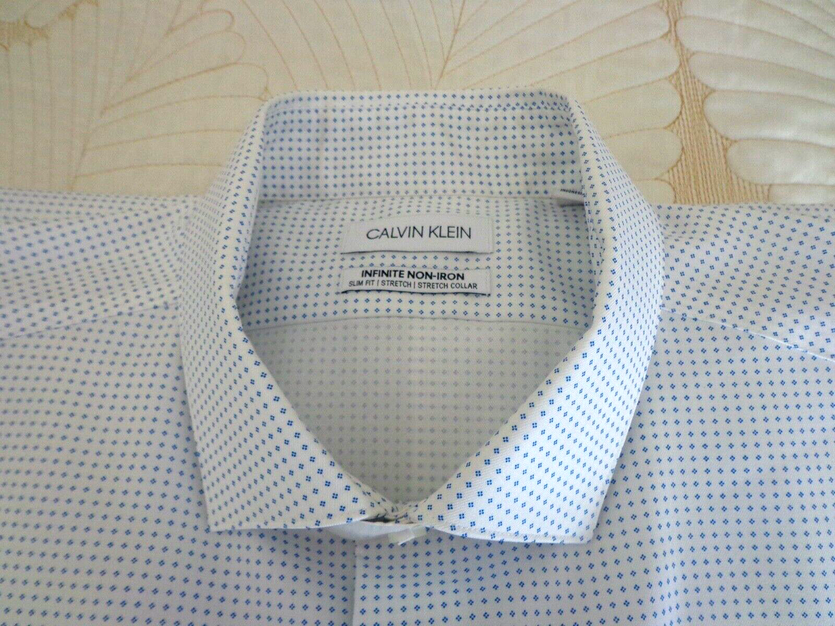 Calvin Klein Men's Dress Shirt White Dotted Infinity Non Iron Slim Fit Sz XL