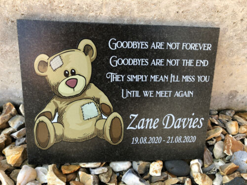 Large Personalised Baby Child Granite Memorial Grave Plaque - Teddy Bear Design - Picture 1 of 4