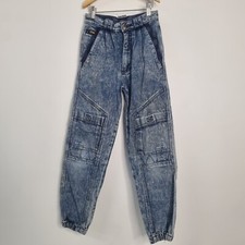 VTG Acid Stone Wash Cargo Jean Boys Patch Pocket Y2K 90s Retro Blue Sz 12