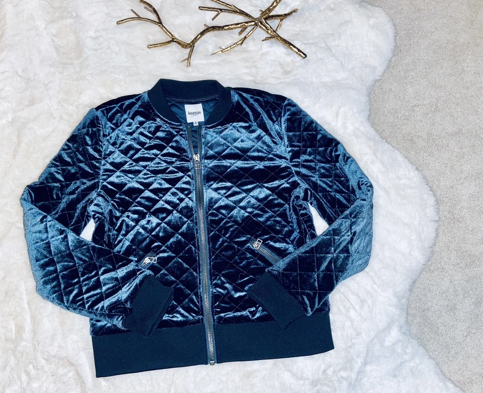 Chaqueta Bomber KENSIE Para Mujer Acolchada Informal Terciopelo Terciopelo Color Verde Talla Pequeña Foto 3 de 4