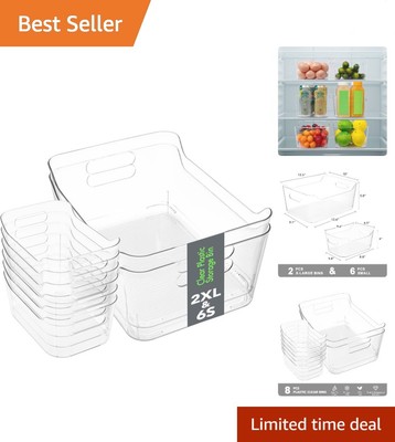 Elegant Set of 8 Clear Storage Bins: 2 Extra Large & 6 Small for Home & Pantry