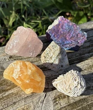 Bulk Raw Minerals Lot- Purple Peacock Ore, Rose Quartz, Orange Calcite & More