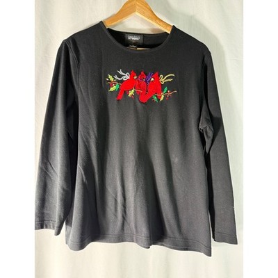 Designers Originals Studio Joy Black Cardinal Embroidered Long Sleeve Top XL
