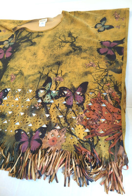 Vtg Adore Poncho Top XL Butterflies Fringe Art to Wear Festival Boho Lagan Look