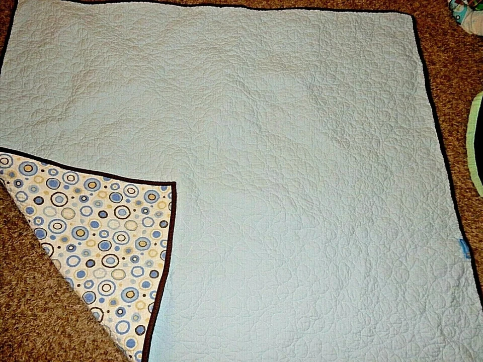 4A Tiddliwinks Blue Brown Cotton Crib Toddler Baby Blanket Quilt Circles Dots - Image 3 of 3