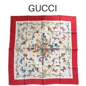 Gucci Foulard Vintage Flora Soie Blanc Rouge Bordure 85cm Accessoire Mode Femme