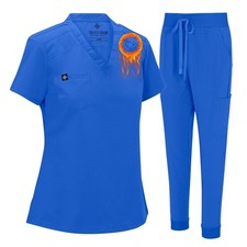 Womens Jogger Scrub Set Cool Stretch Modern Tuck-In Top 8 Pockets Yoga Jogger...