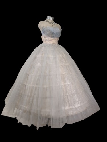 Vtg 50s Prom Dress XS S Blue Pink Ruffle Tulle Gown Floor Length Long Strapless - Picture 19 of 24