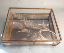 Vintage Trinket Box Etched Floral Design Clear Glass  Brass Mirror Base Box 70s