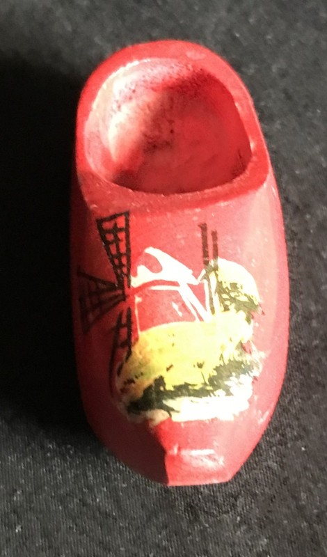 Dutch wood shoe vintage figurine single carved hand red painted windmill