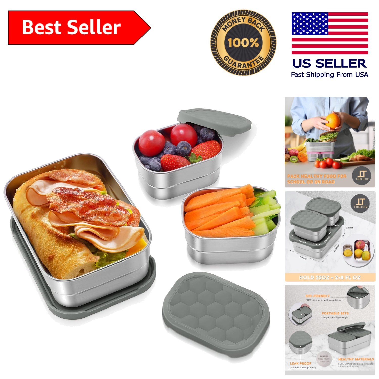 Lunch Set - 3 Stainless Steel Containers With Leak-proof Lids For Kids