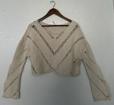 Free People Women s Ivory Knit Chevron Open Knit Boat Neck Cropped Sweater Sz S