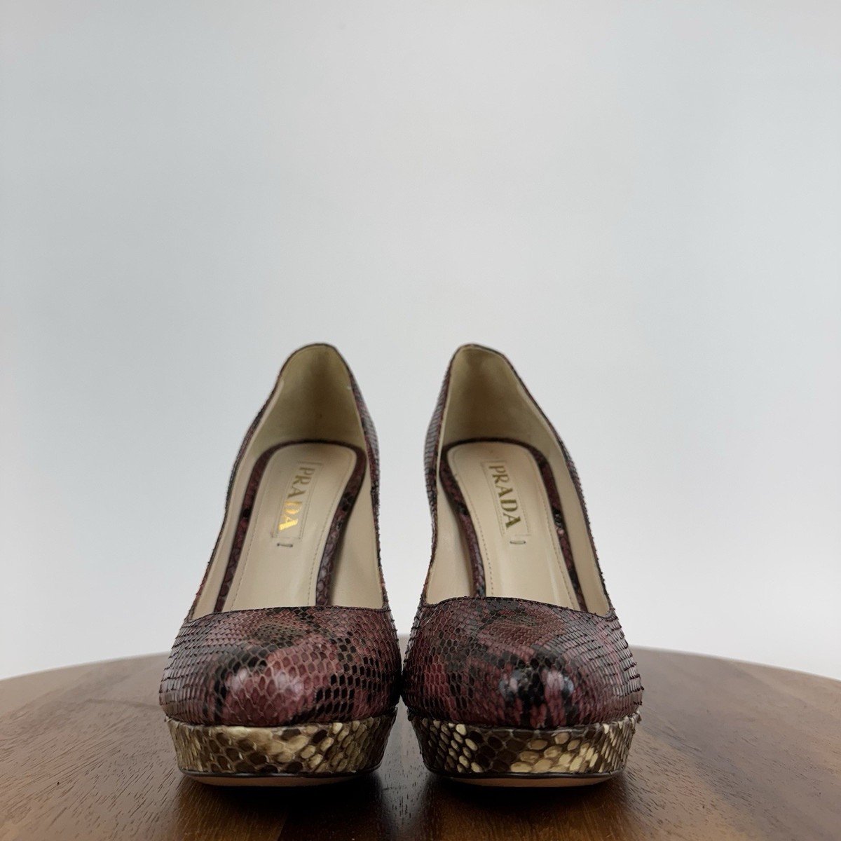Womens Prada Burgundy Red Python Snakeskin Platform Pumps Heels